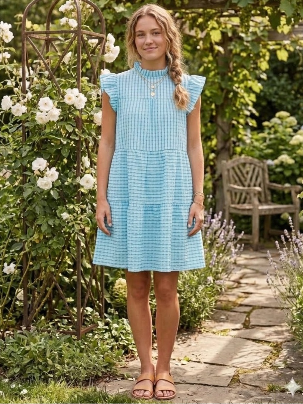 Niay Blue Checkered Ruffle Sleeve Dress